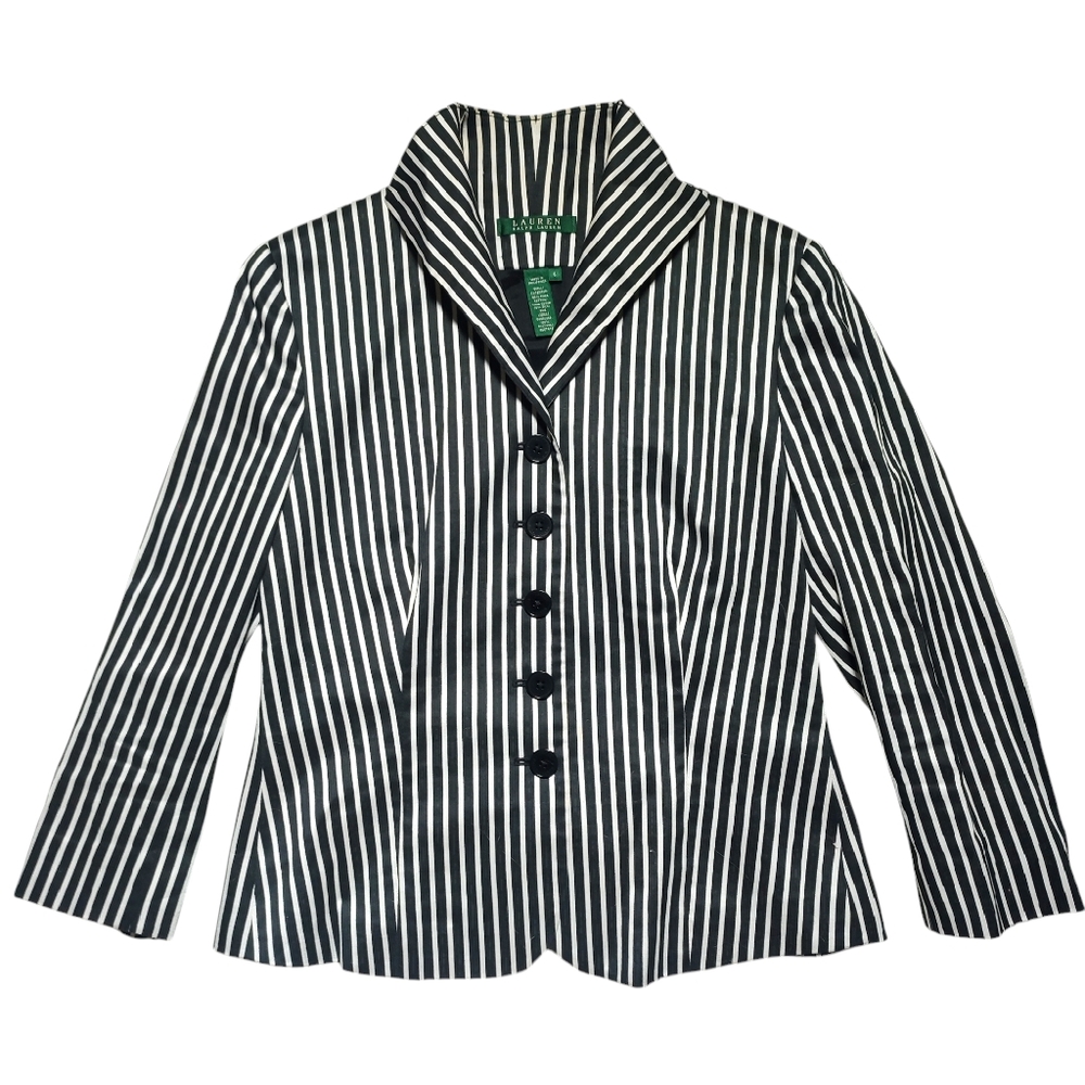 Ralph Lauren Cotton Black and White Striped Cropped Blazer 3/4 Sleeve Si…